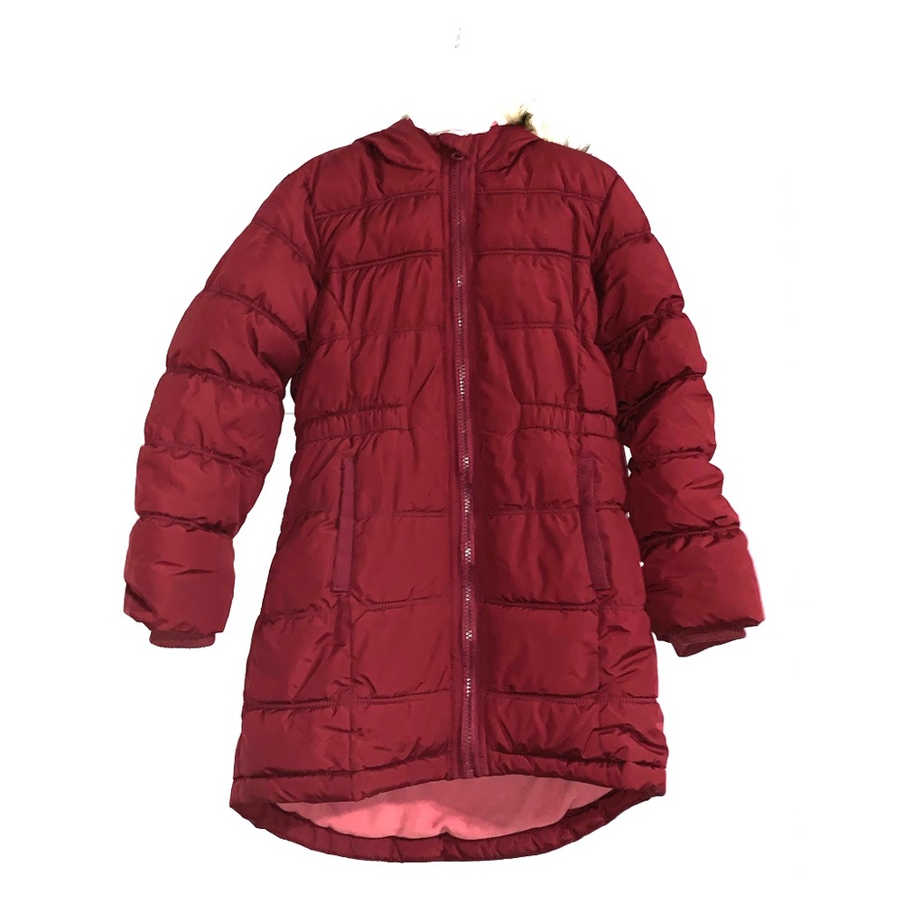 Burgundy long puffer jacket -fleece lined -girls